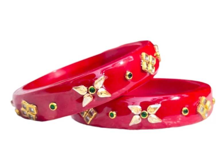 LuxuryGlow Lac Bangles  Red Glossy Handcrafted Lac Bangles with Mirror Work –
