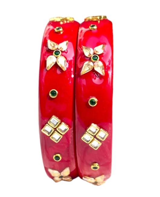 LuxuryGlow Lac Bangles  Red Glossy Handcrafted Lac Bangles with Mirror Work –