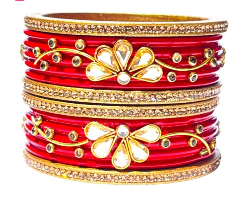 LuxuryGlow Lac Bangles  Royal Crimson: Kundan & Rhinestone Studded Red Set –