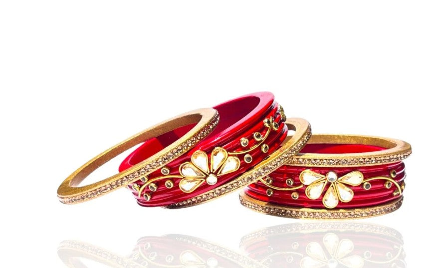 LuxuryGlow Lac Bangles  Royal Crimson: Kundan & Rhinestone Studded Red Set –