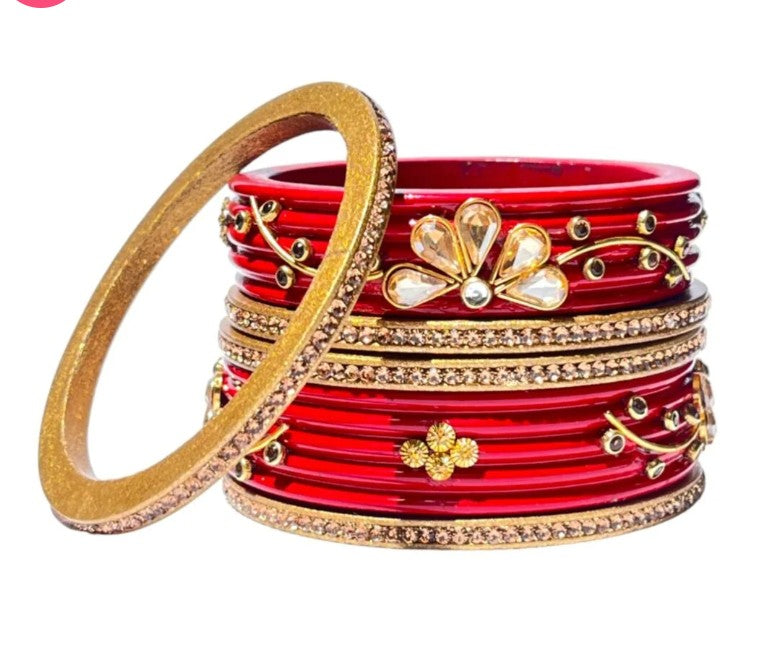 LuxuryGlow Lac Bangles  Royal Crimson: Kundan & Rhinestone Studded Red Set –