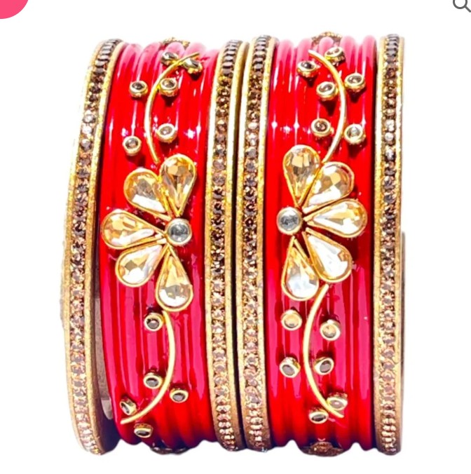LuxuryGlow Lac Bangles  Royal Crimson: Kundan & Rhinestone Studded Red Set –