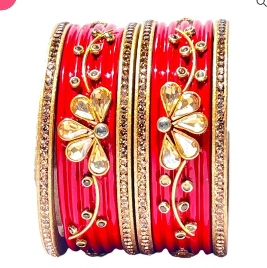 LuxuryGlow Lac Bangles  Royal Crimson: Kundan & Rhinestone Studded Red Set –