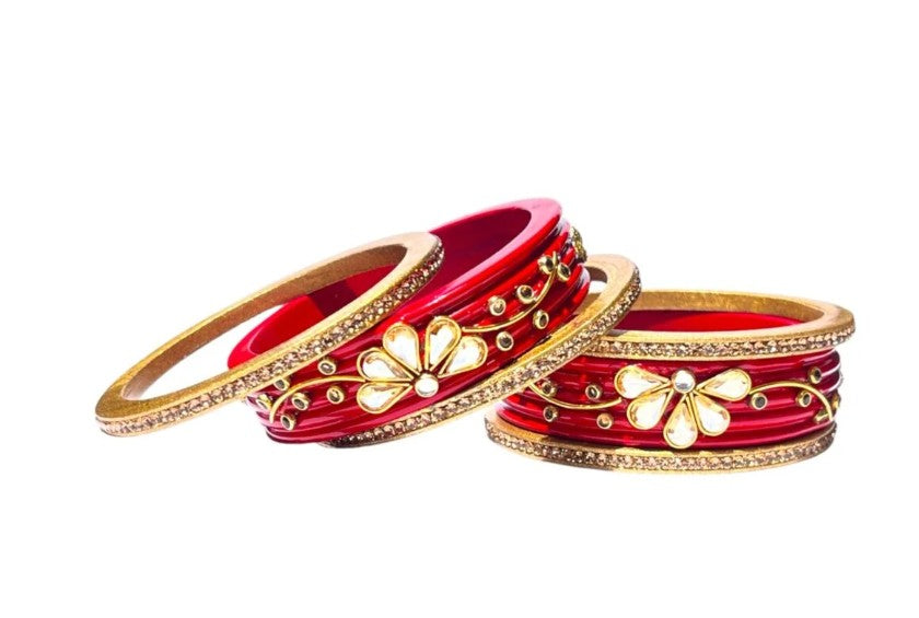 LuxuryGlow Lac Bangles  Royal Crimson: Kundan & Rhinestone Studded Red Set –