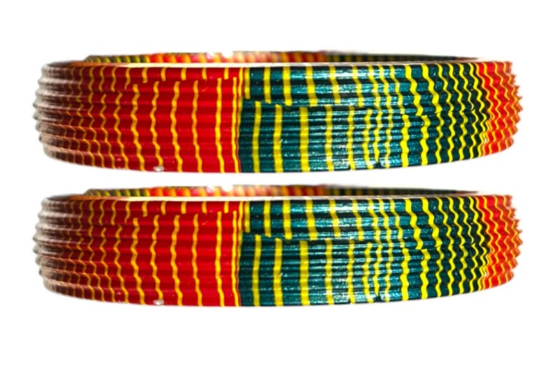 LuxuryGlow Lac Bangles  Red & Green with Yellow Stripes – Handmade Jewelry by