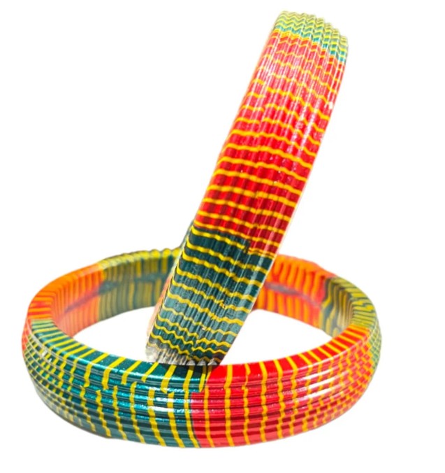LuxuryGlow Lac Bangles  Red & Green with Yellow Stripes – Handmade Jewelry by
