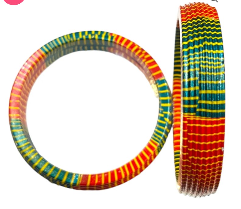 LuxuryGlow Lac Bangles  Red & Green with Yellow Stripes – Handmade Jewelry by