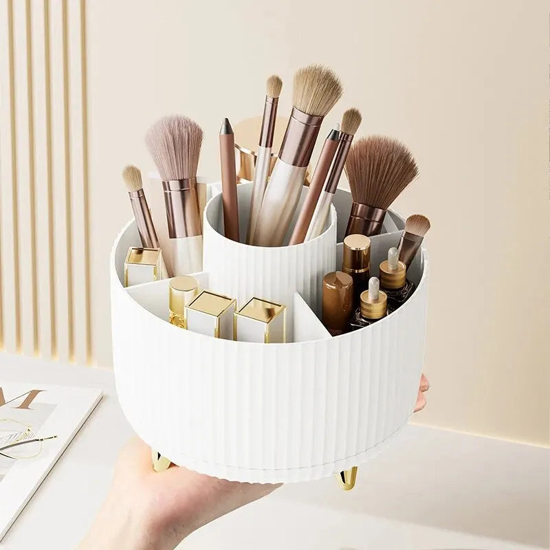 LuxuryGlow Rotating Makeup Brush Organizer – 360° Cosmetic Storage Box for Vanity Desk