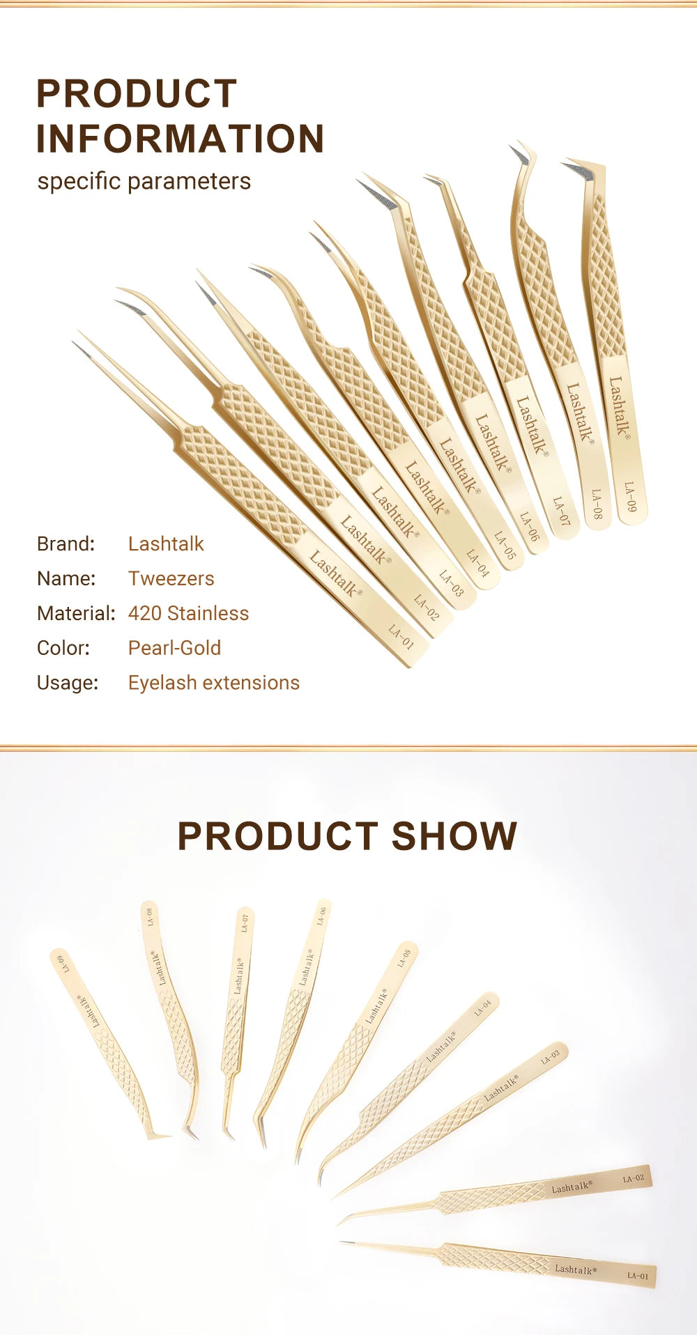 Pinzas para pestañas Lashtalk Precision con punta de fibra: antideslizantes, agarre de diamante y acabado dorado premium