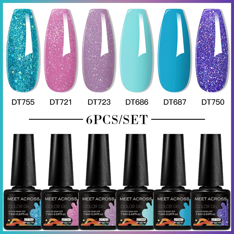 MEET ACROSS 6PC UV LED Gel Nail Polish Set – Soak Off Semi-Permanent Manicure Kit (7ml Each) C103