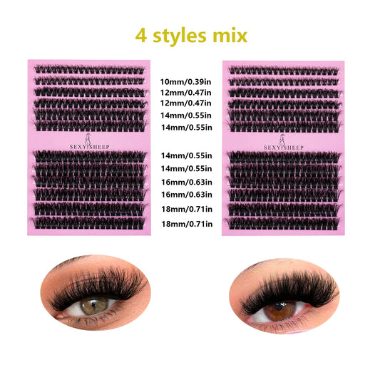 Kit de extensiones de pestañas SEXYSHEEP DIY con pegamento, removedor, cepillo y pinzas: pestañas naturales en racimo para un look de salón en casa.