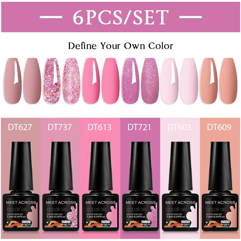 MEET ACROSS 6PC UV LED Gel Nail Polish Set – Soak Off Semi-Permanent Manicure Kit (7ml Each) C103