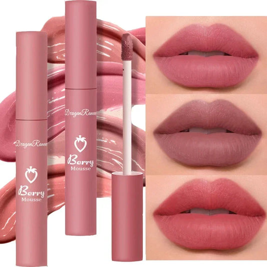 Brillo de labios mate nude LuxuryGlow: 12 colores aterciopelados, resistente al agua y de larga duración.