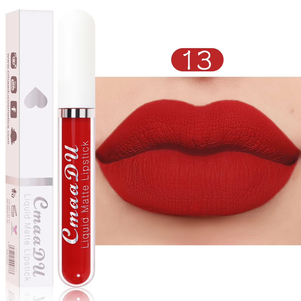 Brillo labial mate CmaaDu: labial resistente al agua y de larga duración en intensos tonos rojos.