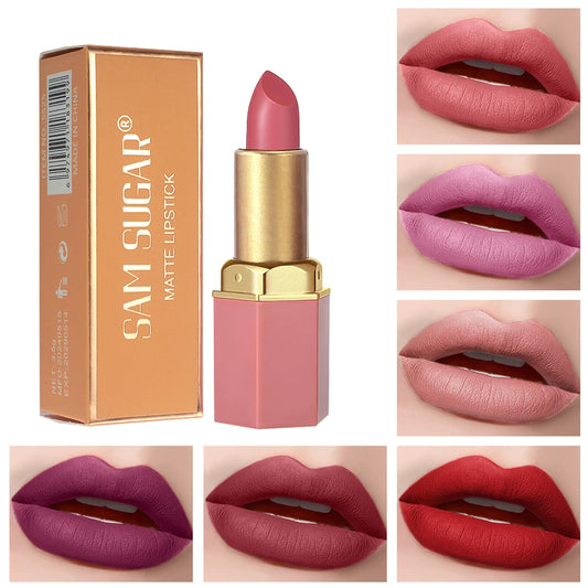 Lápiz labial mate SAM SUGAR de 6 colores: duradero, antiadherente y con acabado aterciopelado (resistente al agua y a las manchas)