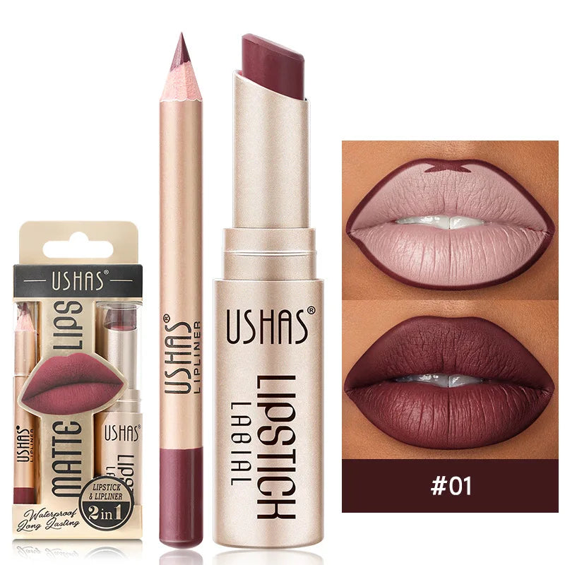 Set de delineador y lápiz labial USHAS de 12 colores: combinación mate de larga duración