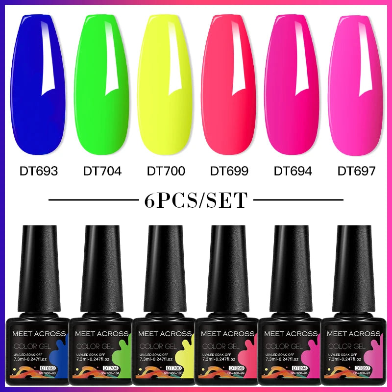 MEET ACROSS 6PC UV LED Gel Nail Polish Set – Soak Off Semi-Permanent Manicure Kit (7ml Each) C50