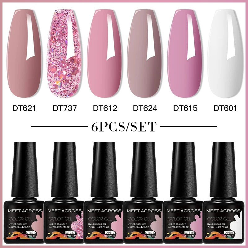 MEET ACROSS 6PC UV LED Gel Nail Polish Set – Soak Off Semi-Permanent Manicure Kit (7ml Each) C75