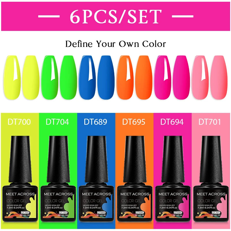 MEET ACROSS 6PC UV LED Gel Nail Polish Set – Soak Off Semi-Permanent Manicure Kit (7ml Each) C75