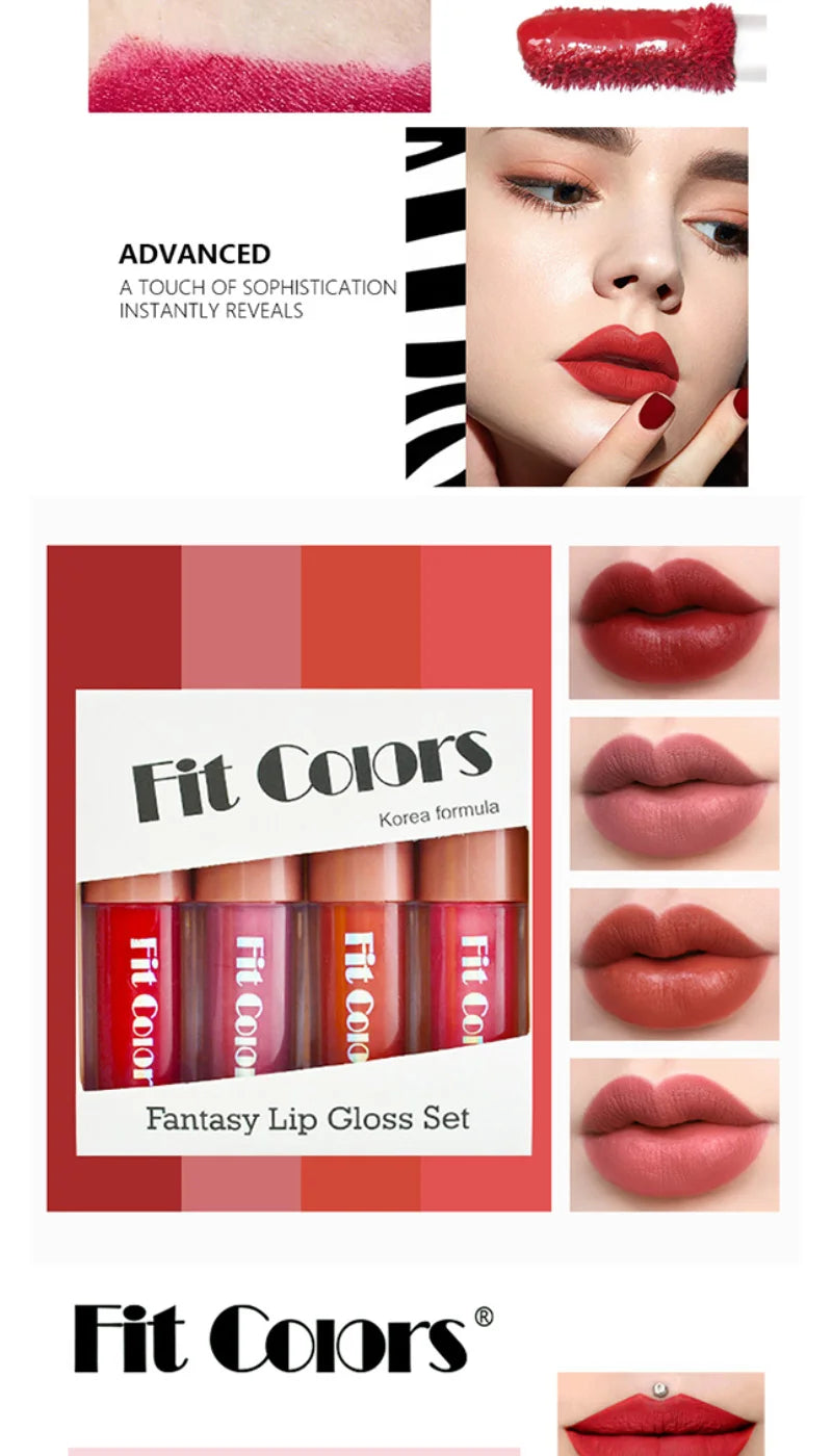 LuxuryGlow Fit Colors Velvet Lip Gloss Set – 4-Piece Long-Lasting, Transfer-Proof Gloss with Diamond Finish