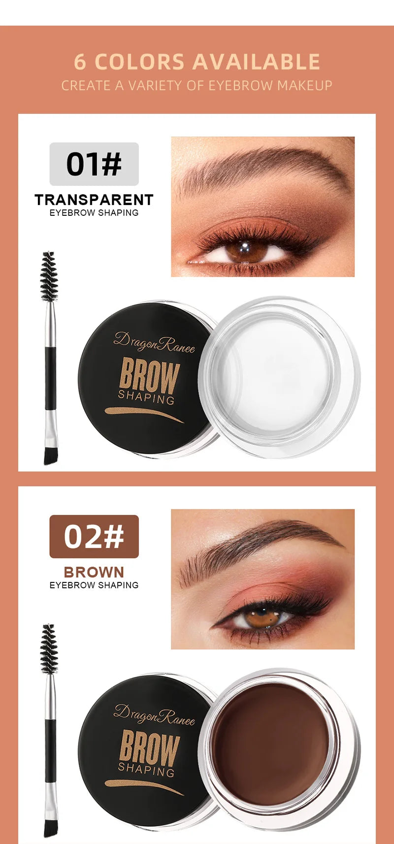 Dragon Ranee 6-Color Eyebrow Styling Cream – Long-Lasting Waterproof Brow Gel