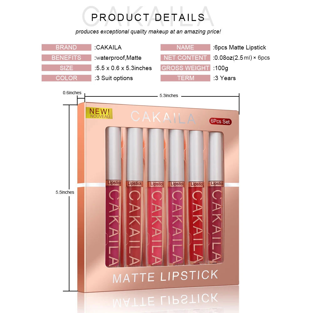 Set de brillo labial líquido mate de 6 colores CAKAILA: labiales resistentes al agua y de larga duración