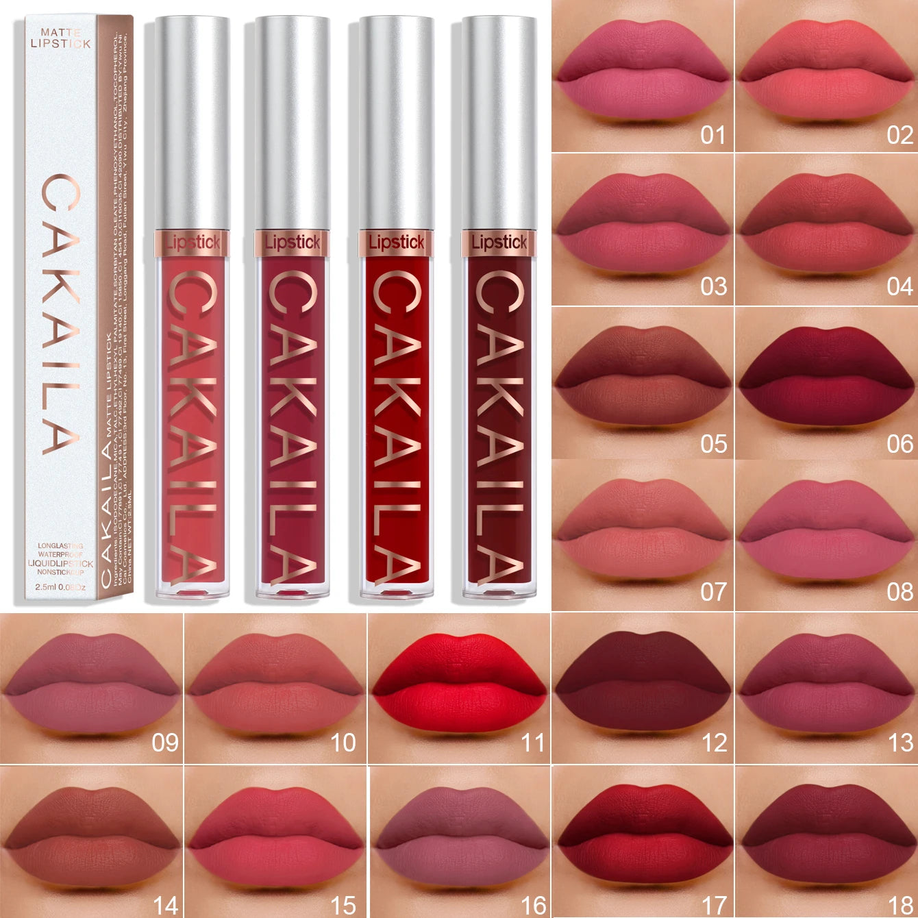 CAKAILA Waterproof Lipstick — Nude, Brown & Matte Red | 24-Hour Long-Lasting