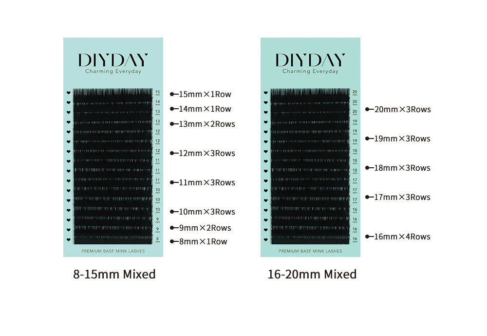 DIYDAY 16 Rows Individual Eyelash Extensions – Soft Mink, B to DD Curl Options C198