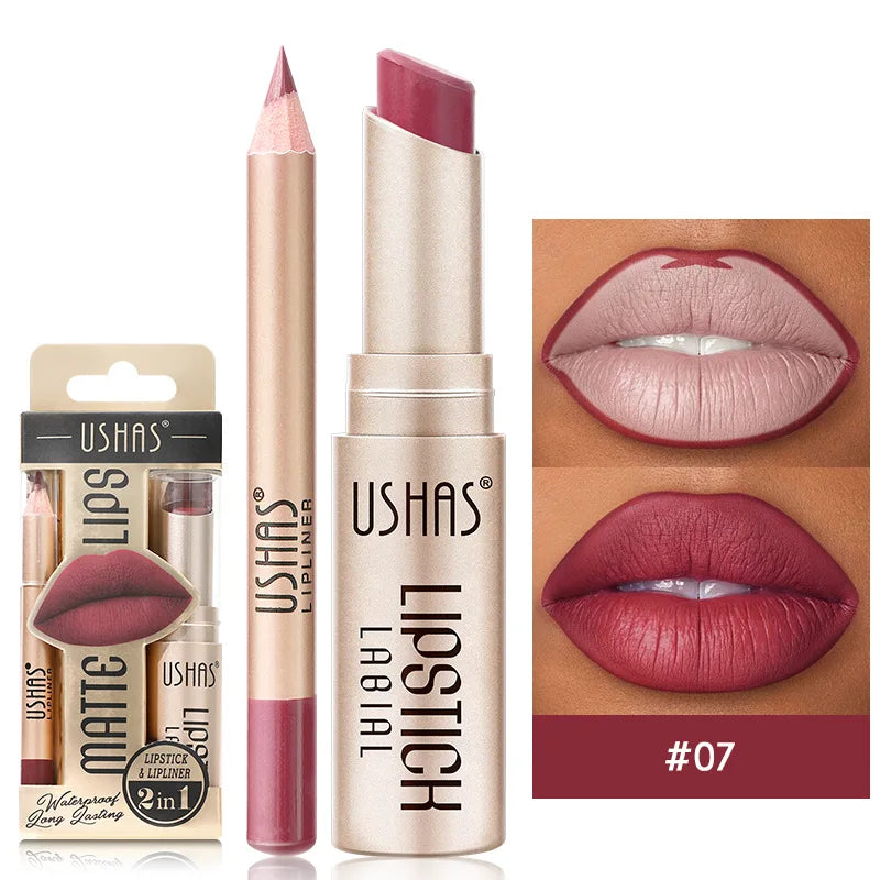 Set de delineador y lápiz labial USHAS de 12 colores: combinación mate de larga duración