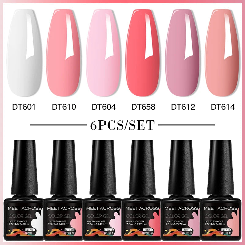 MEET ACROSS 6PC UV LED Gel Nail Polish Set – Soak Off Semi-Permanent Manicure Kit (7ml Each) C103