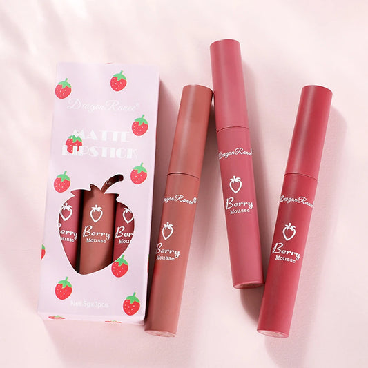 Dragon Ranee - Set de 3 brillos labiales mate de fresa aterciopelados: resistentes al agua y de larga duración