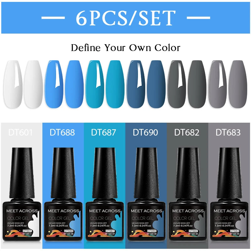 MEET ACROSS 6PC UV LED Gel Nail Polish Set – Soak Off Semi-Permanent Manicure Kit (7ml Each) C103