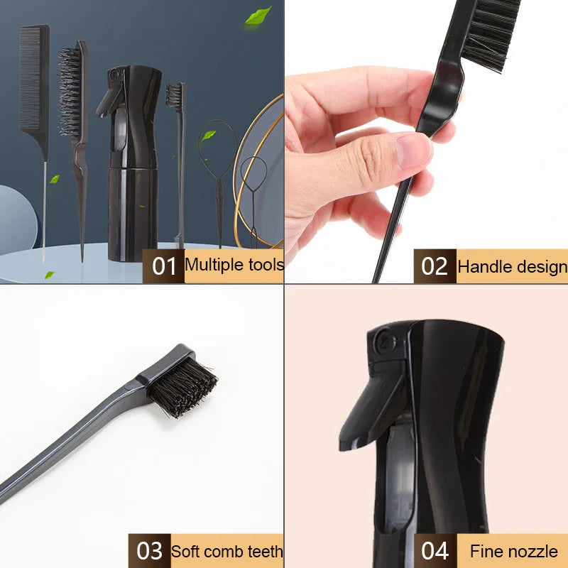 LuxuryGlow 6PCS Hair Styling Tool Set – Tail Combs, Hair Brushes & Spray Bottle for Hairdressers