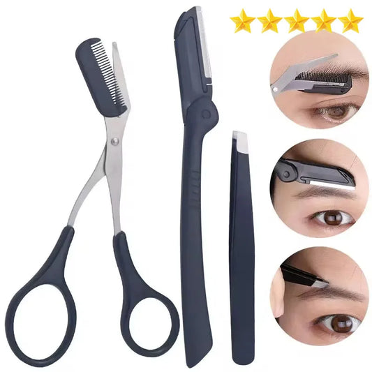 LuxuryGlow 3PCS Stainless Steel Eyebrow Grooming Set – Tweezer, Scissors & Comb Kit