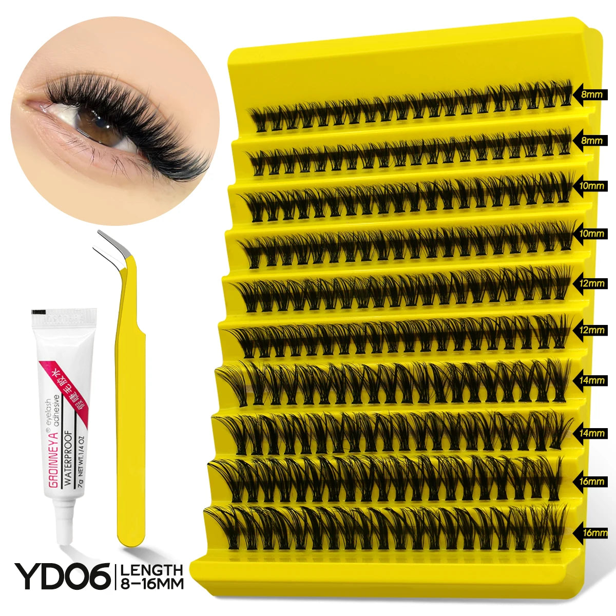 GROINNEYA DIY Lash Extension Kit – Natural Look Clusters with Bond & Seal, Tweezers Included