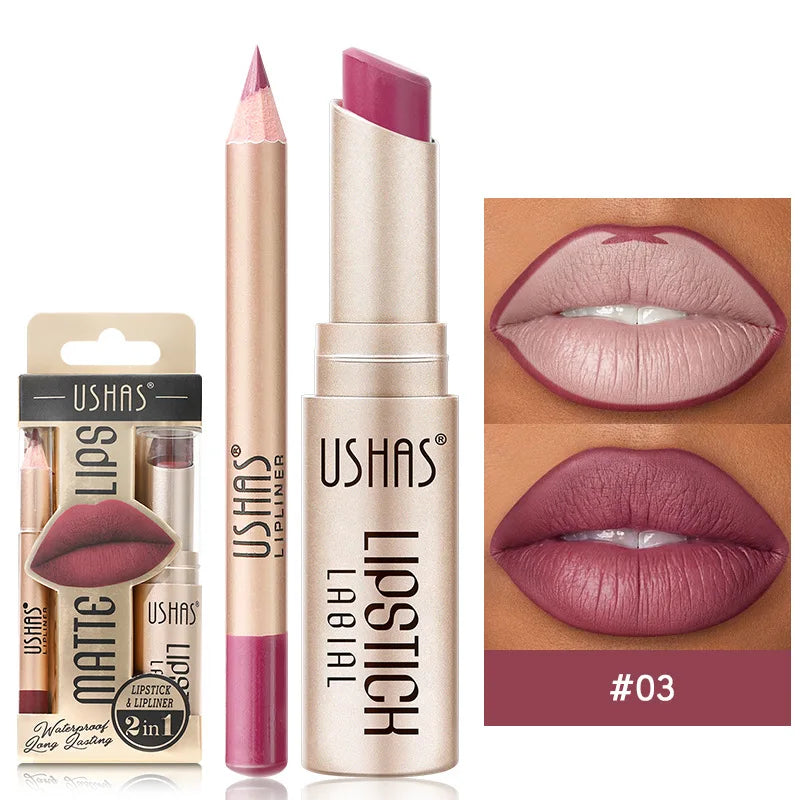 Set de delineador y lápiz labial USHAS de 12 colores: combinación mate de larga duración