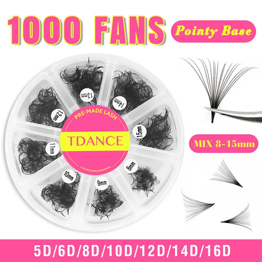 TDANCE 1000 Premade Loose Volume Lash Fans | Mixed Length 8–15mm | Pointy Base Medium Stem
