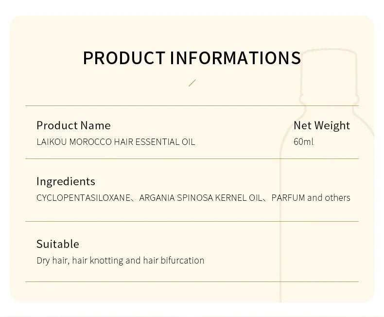 Aceite capilar de argán marroquí LAIKOU – Sérum nutritivo reparador para cabello seco (60 ml)