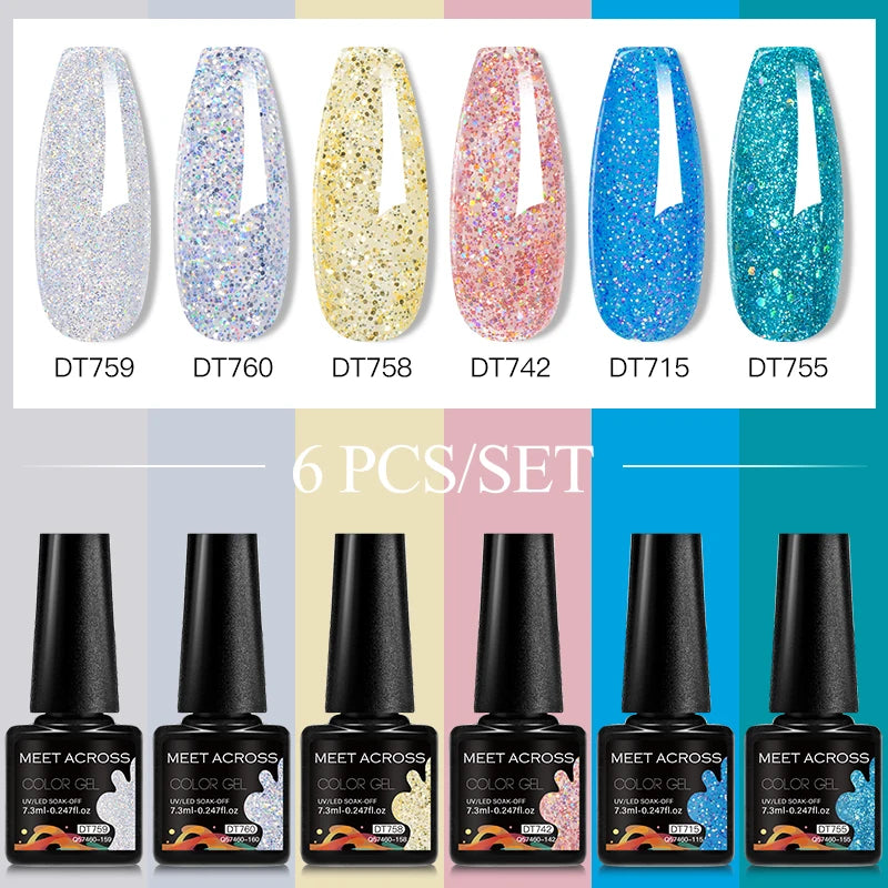 MEET ACROSS 6PC UV LED Gel Nail Polish Set – Soak Off Semi-Permanent Manicure Kit (7ml Each) C75