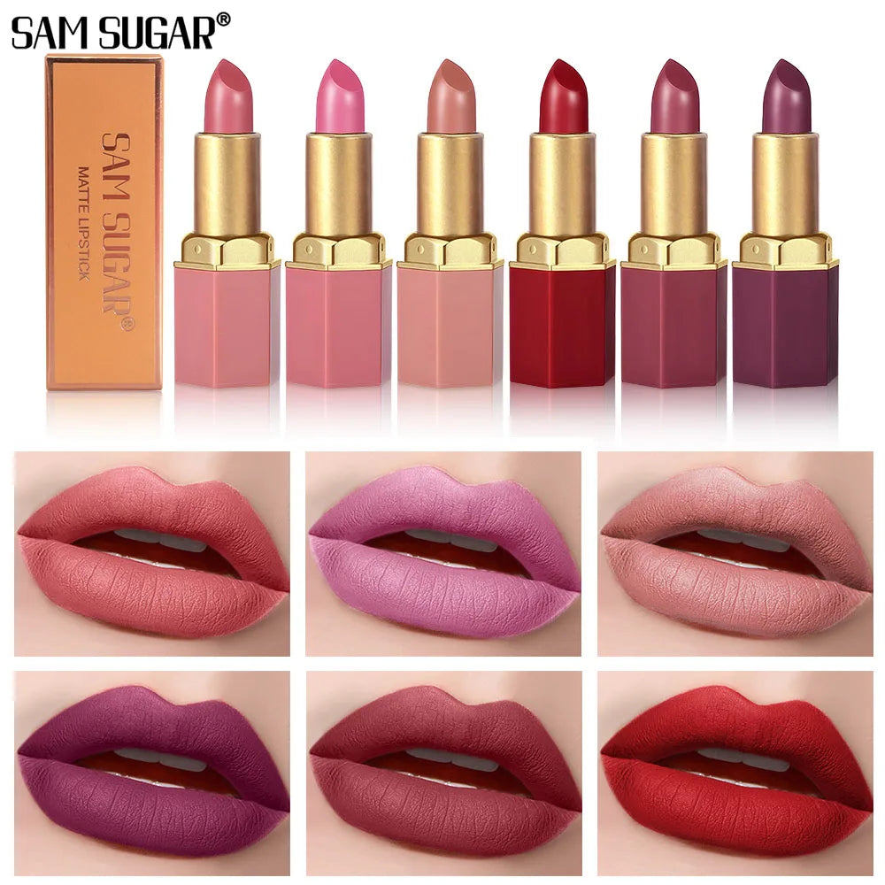 Lápiz labial mate SAM SUGAR de 6 colores: duradero, antiadherente y con acabado aterciopelado (resistente al agua y a las manchas)