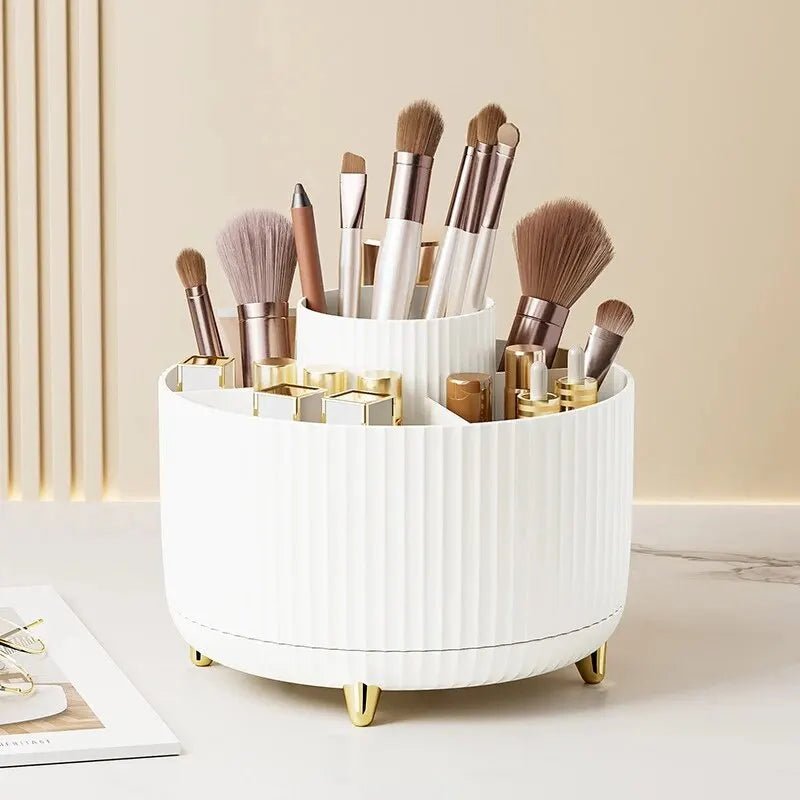 LuxuryGlow Rotating Makeup Brush Organizer – 360° Cosmetic Storage Box for Vanity Desk