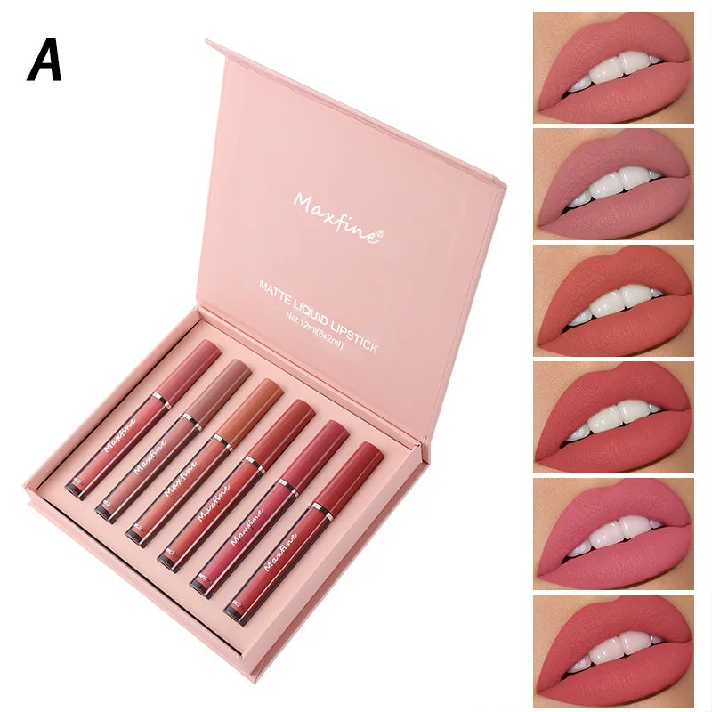 Set de brillo labial mate MAXFINE: 6 labiales resistentes al agua y de larga duración en caja de regalo