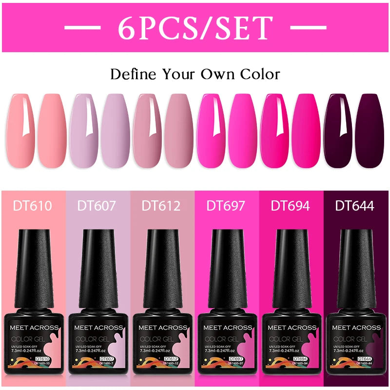 MEET ACROSS 6PC UV LED Gel Nail Polish Set – Soak Off Semi-Permanent Manicure Kit (7ml Each) C75
