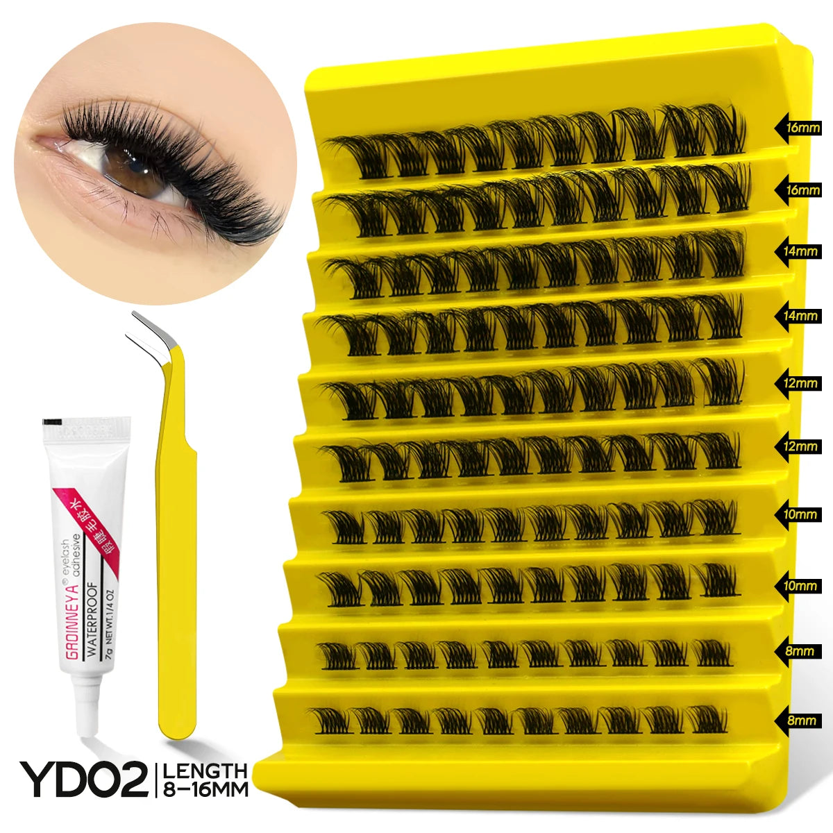 GROINNEYA DIY Lash Extension Kit – Natural Look Clusters with Bond & Seal, Tweezers Included