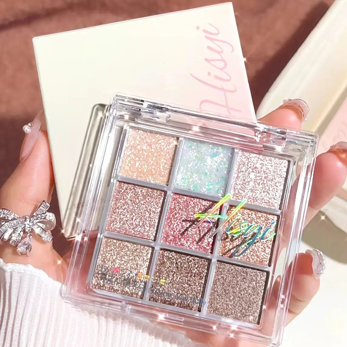 LuxuryGlow Pearlescent Glitter Eyeshadow & Highlighter Palette – Long-Lasting & Shimmer Finish
