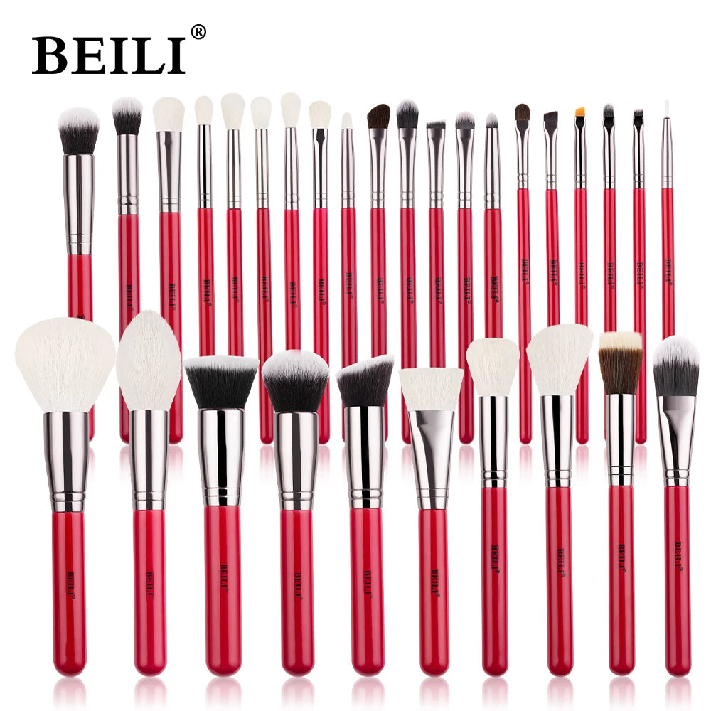 BEILI Red Eye Makeup Brush Set – 7/12/28/30 pcs Professional Natural Hair Kit