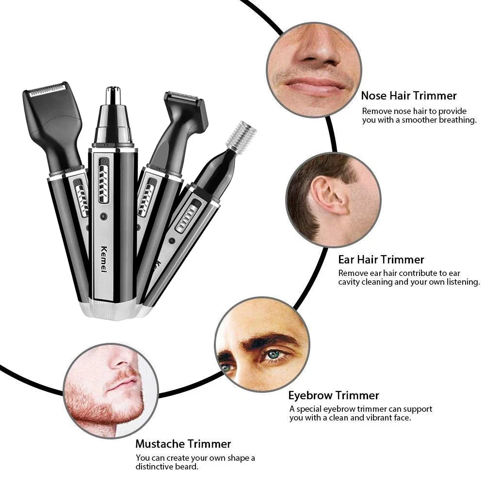 Kemei 4-in-1 Rechargeable Grooming Kit | Nose, Beard, Hair & Eyebrow Trimmer for Men & Women