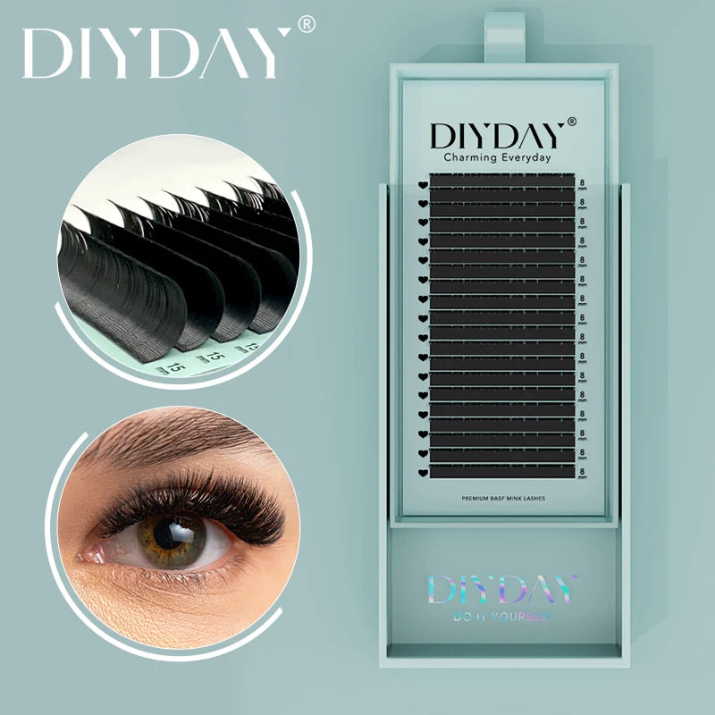 DIYDAY Individual Eyelash Extensions – Matte Black Mink Faux Lashes, 16 Rows C60
