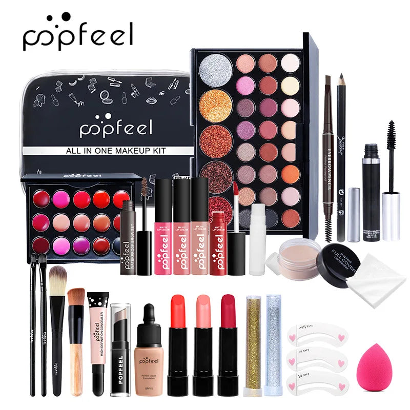 مجموعة هدايا مكياج POPFEEL من LuxuryGlow - مجموعة كاملة للوجه مع ظلال العيون، ملمع الشفاه، كريم الأساس، والفرش