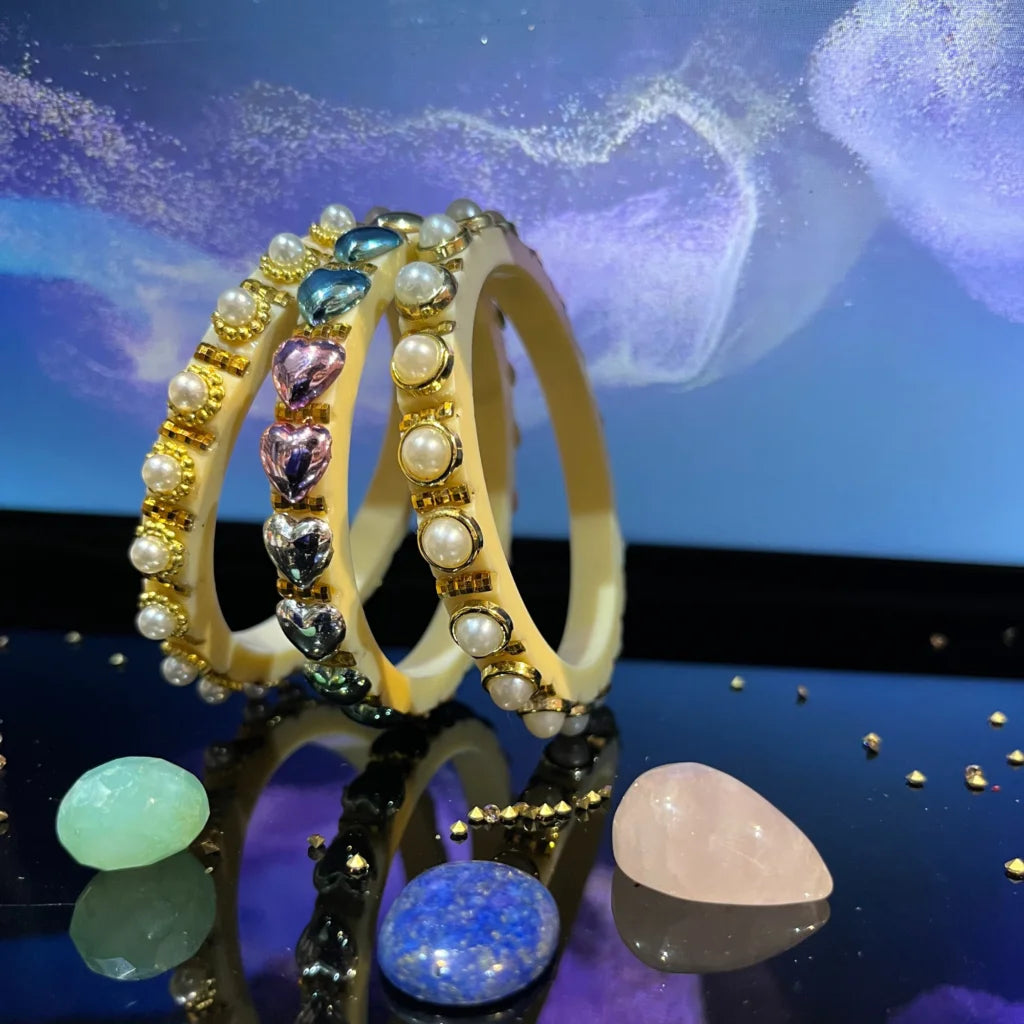 LuxuryGlow Lac Bangles Handmade Classy Plastic Bangles – Gold Plated with Pearl Clusters |